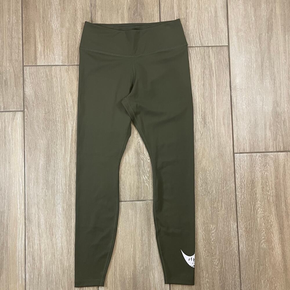 Nike Dri Fit Leggings Womens M Olive Green Large Swoosh Athletic Active
